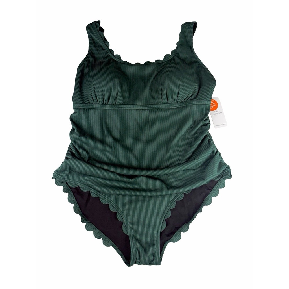Charmo One Piece Swimsuit 2X Green Ribbed Tummy Control Scalloped NWT UPF 50+